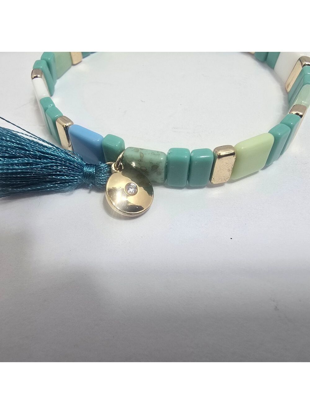 Avon Blue and Cream Beaded Bracelet with Tassel - Picture 3 of 7